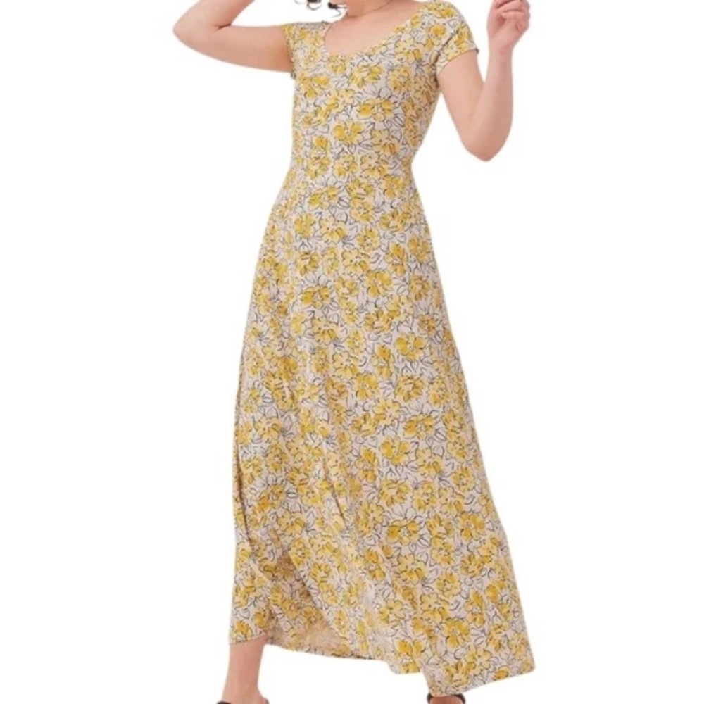 PACT Organic Fit & Flare Crossback Maxi Yellow Floral Size S